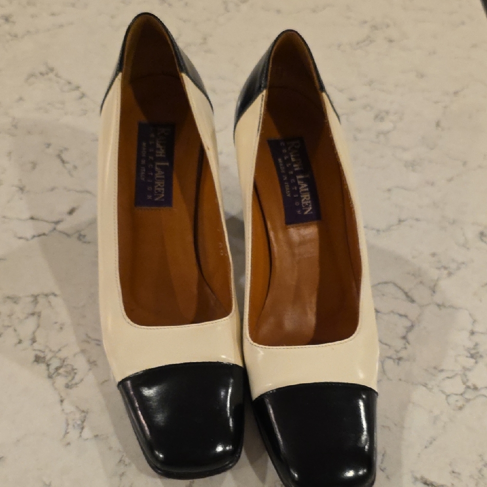 Vintage Ralph Lauren Black and Cream Purple Label  Square-Toe Pumps Italy Size 7